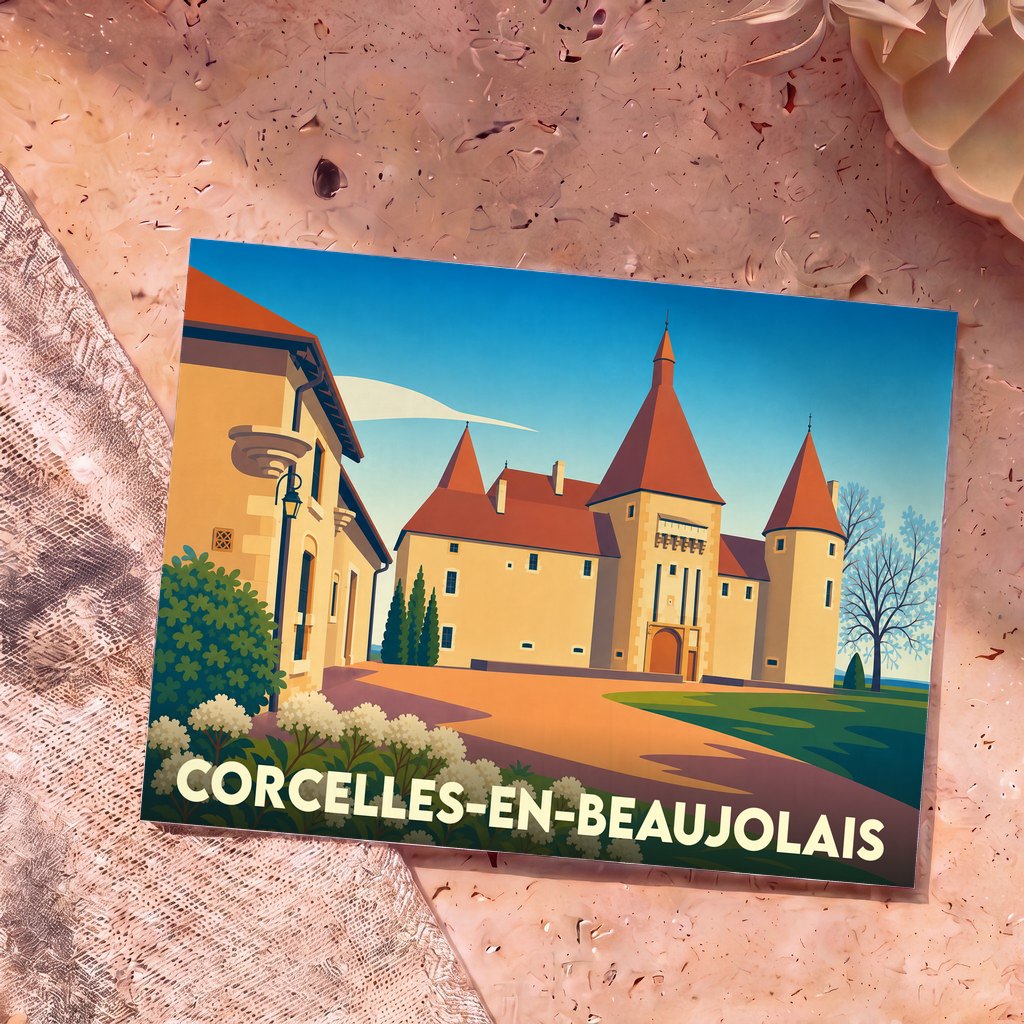Carte postale souvenir de Corcelles-en-Beaujolais illustrant son château dans un style graphique épuré et coloré.