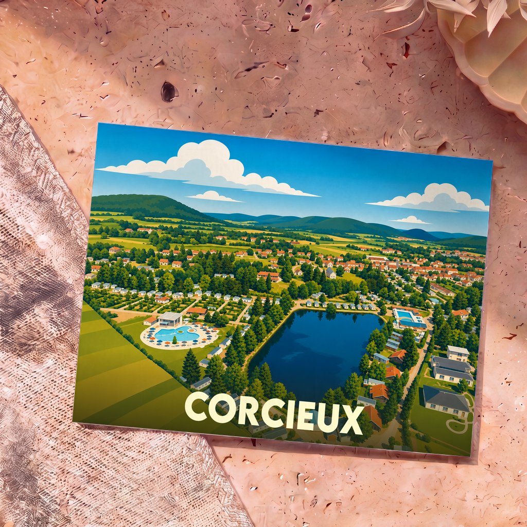 Carte postale souvenir de la ville de Corcieux avec une illustration stylisée vue du ciel.