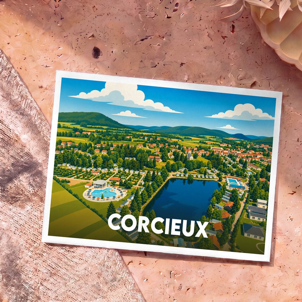 Carte postale souvenir de la ville de Corcieux avec une illustration stylisée vue du ciel.