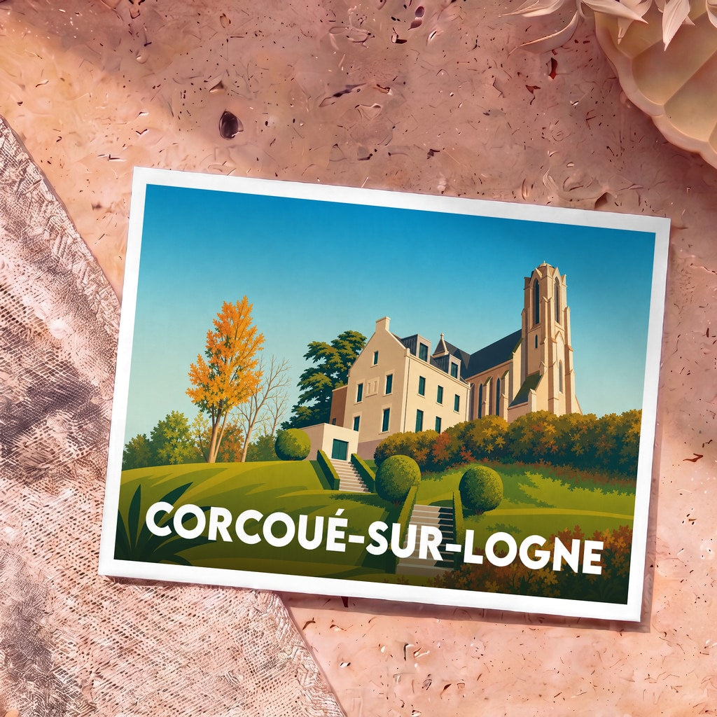 Carte postale souvenir de la ville de Corcoué-sur-Logne avec une illustration stylisée d'un manoir et d'une église.