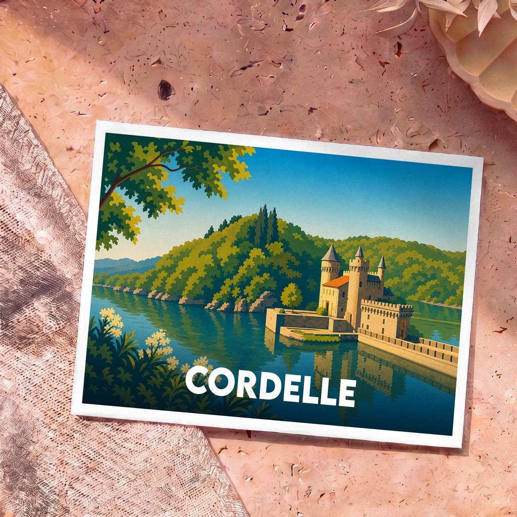 Carte postale souvenir de la ville de Cordelle avec une illustration stylisée d'un château au bord de l'eau.