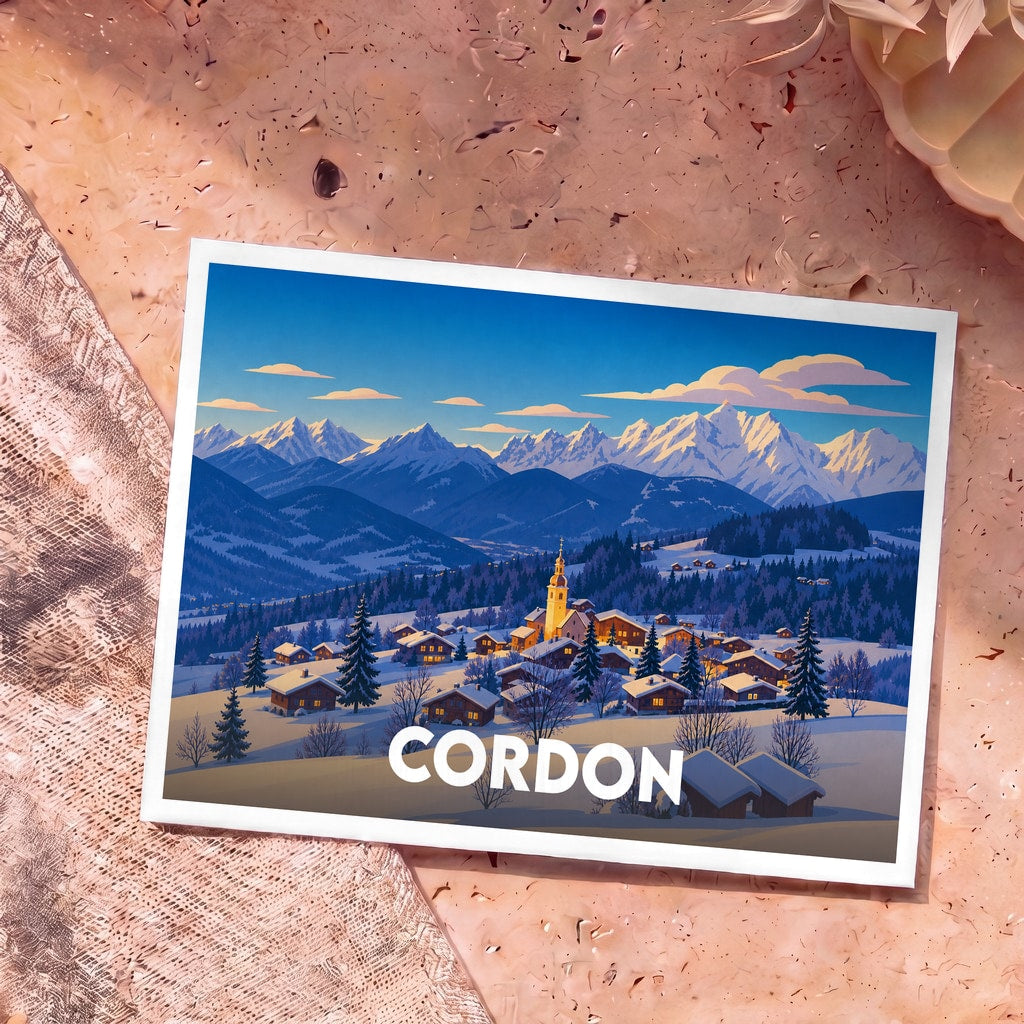 Carte postale souvenir de la ville de Cordon illustrant un village de montagne enneigé devant le massif du Mont-Blanc.