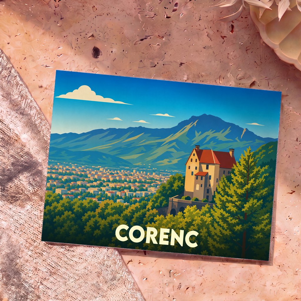 Carte postale souvenir de la ville de Corenc avec une illustration stylisée d'un château dominant la vallée et les montagnes.