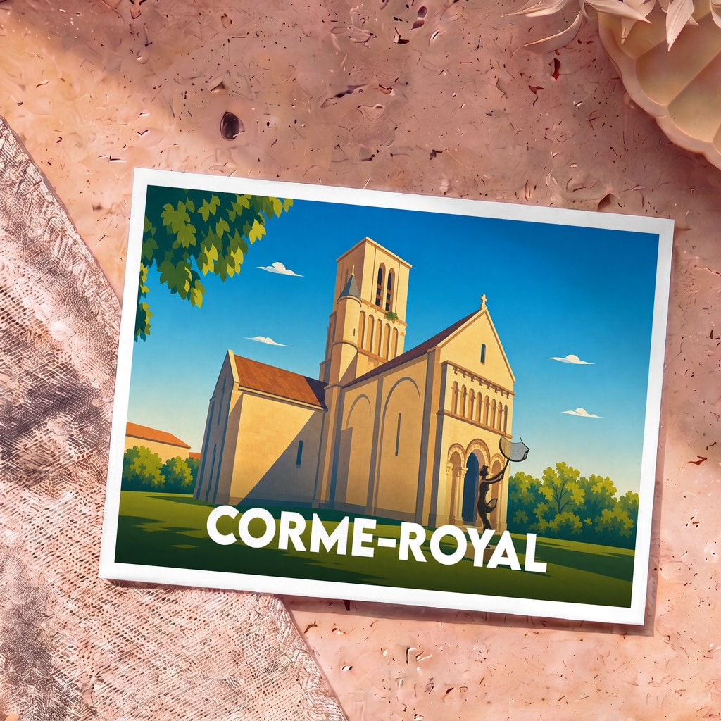 Carte postale souvenir de la ville de Corme-Royal avec une illustration stylisée de son église romane.