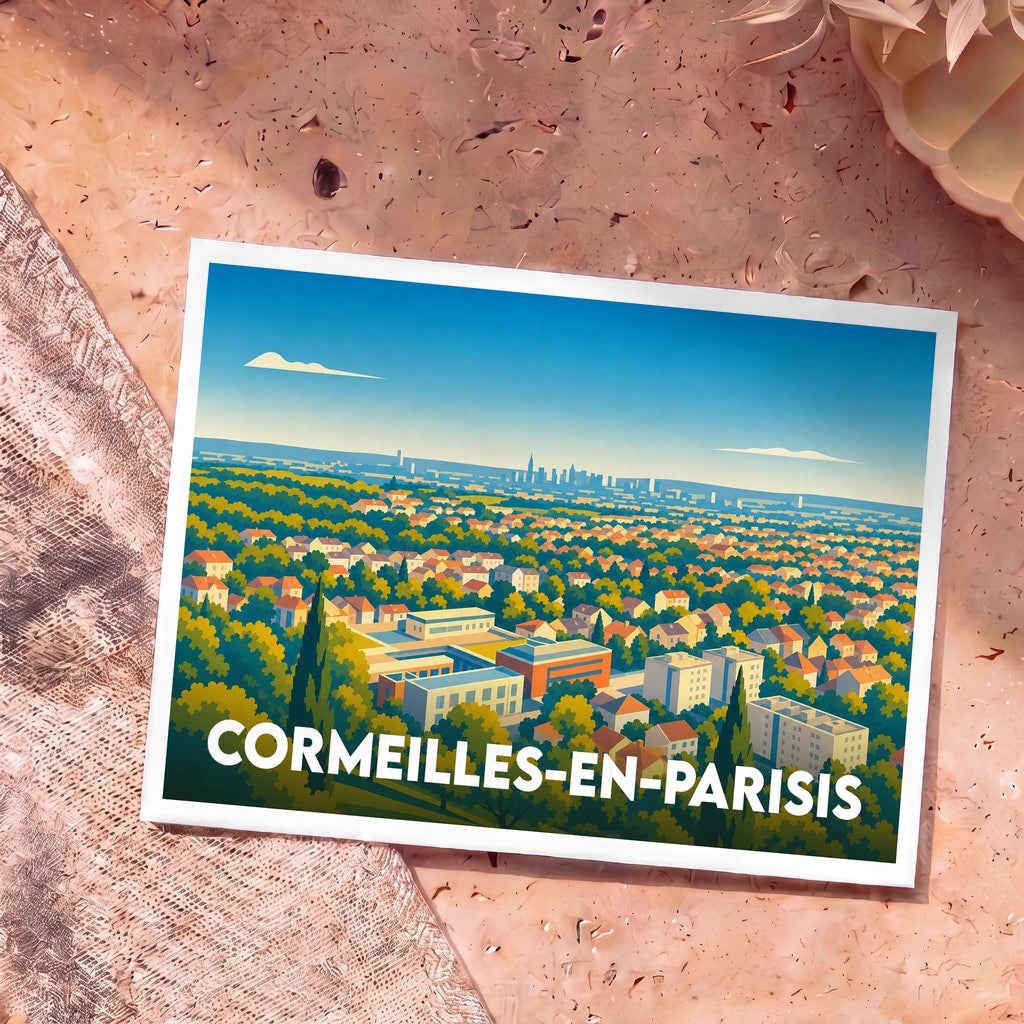 Carte postale souvenir de la ville de Cormeilles-en-Parisis avec une illustration panoramique stylisée.