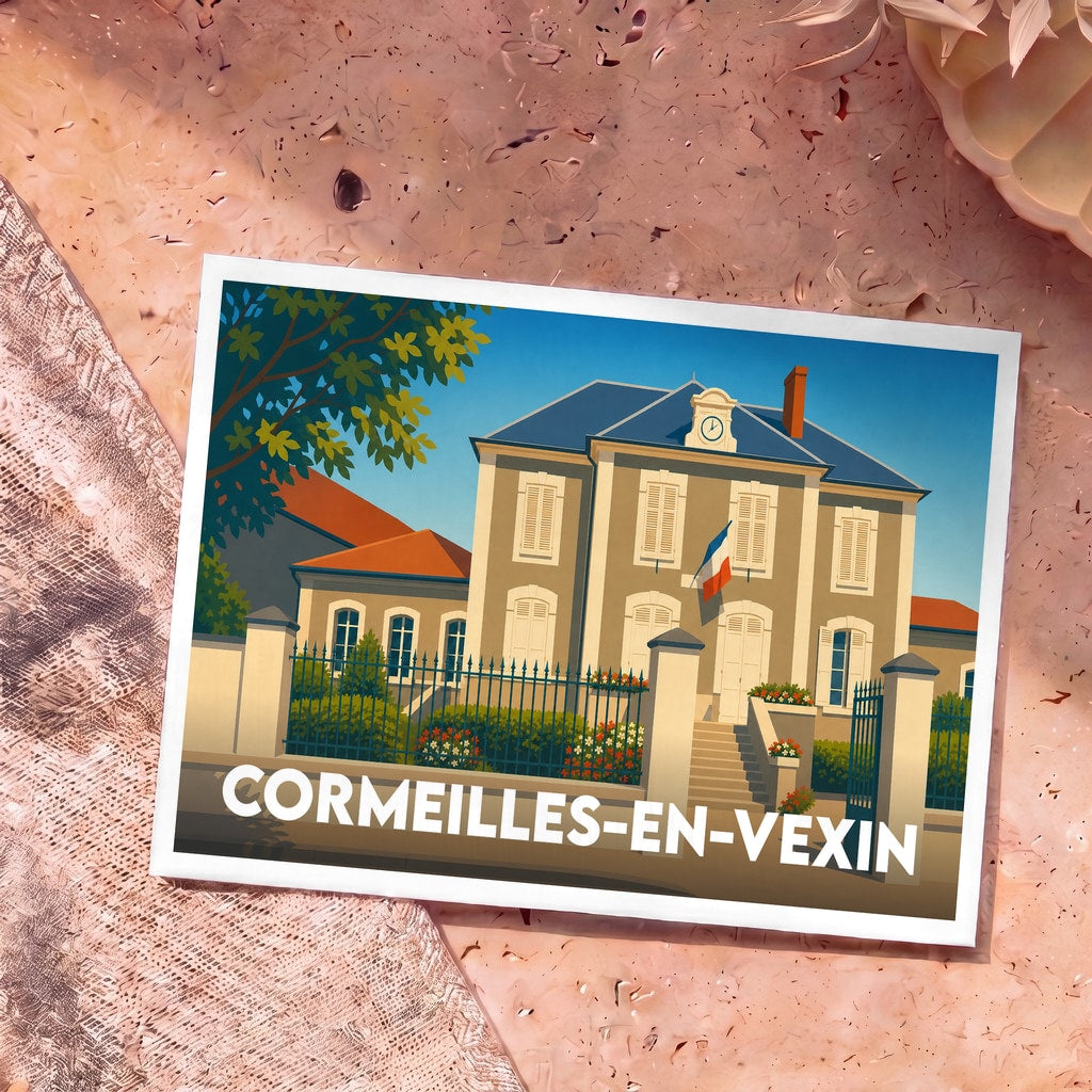 Carte postale souvenir de la ville de Cormeilles-en-Vexin avec une illustration stylisée de sa mairie.