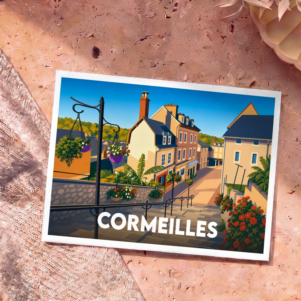 Carte postale souvenir de la ville de Cormeilles avec une illustration stylisée et colorée de ses rues en pente.