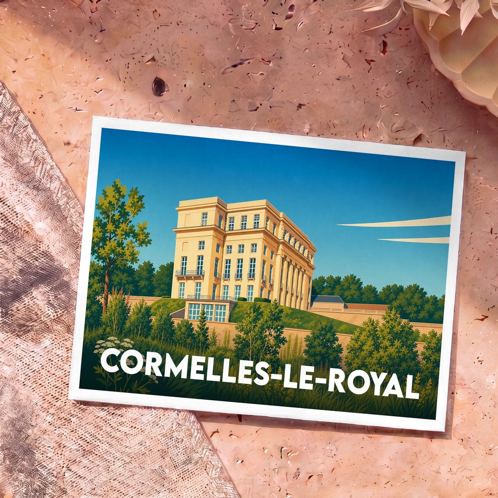 Carte postale souvenir de la ville de Cormelles-le-Royal avec une illustration stylisée d'un bâtiment classique sur une colline verdoyante.