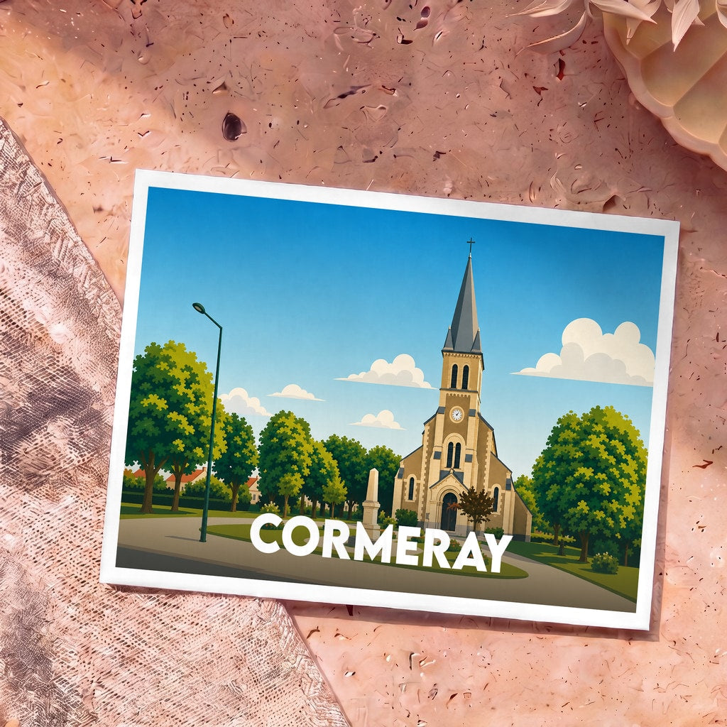 Carte postale souvenir de la ville de Cormeray avec une illustration stylisée de son église.