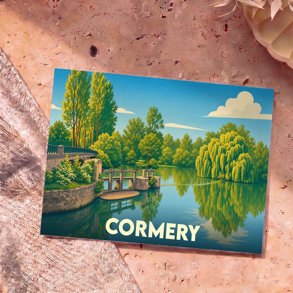 Carte postale souvenir de la ville de Cormery avec une illustration colorée et stylisée de ses bords de rivière.