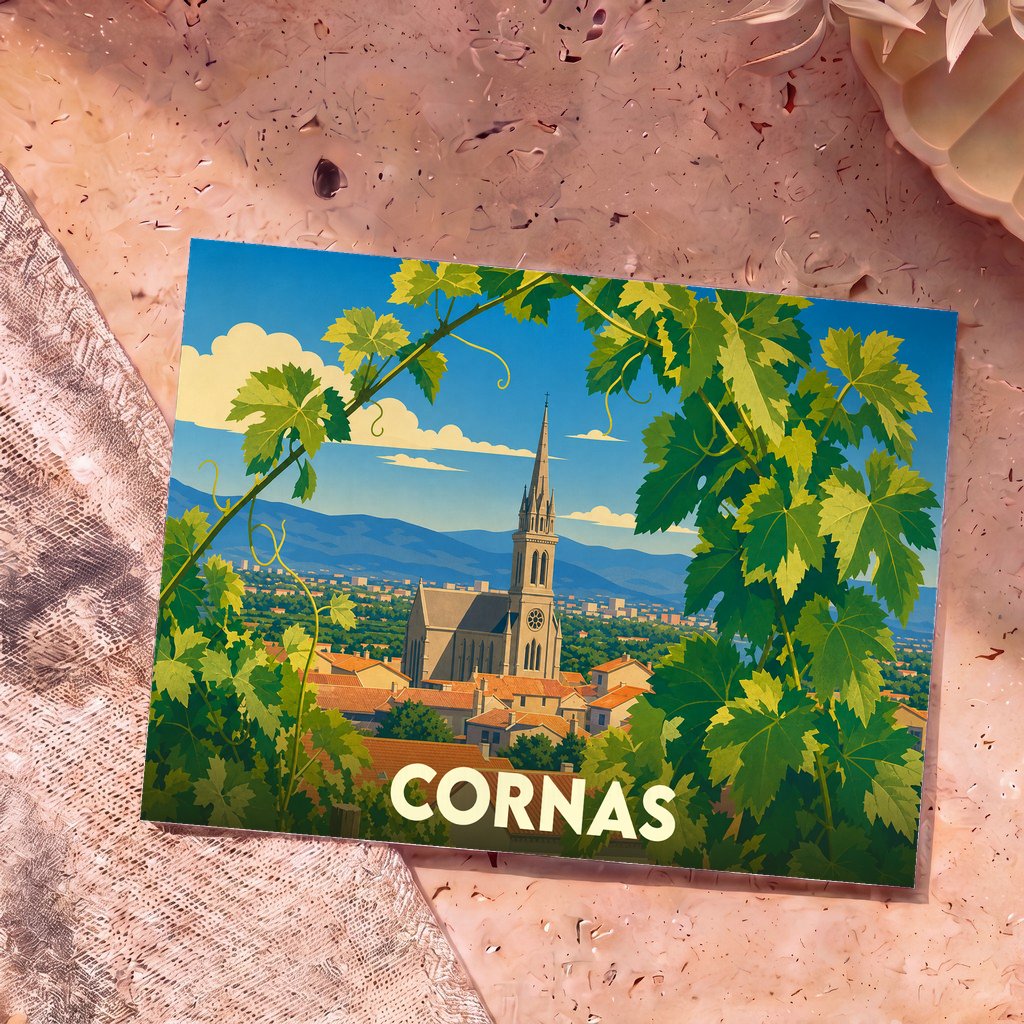 Carte postale souvenir de la ville de Cornas illustrant une église et des vignes dans un style graphique épuré.