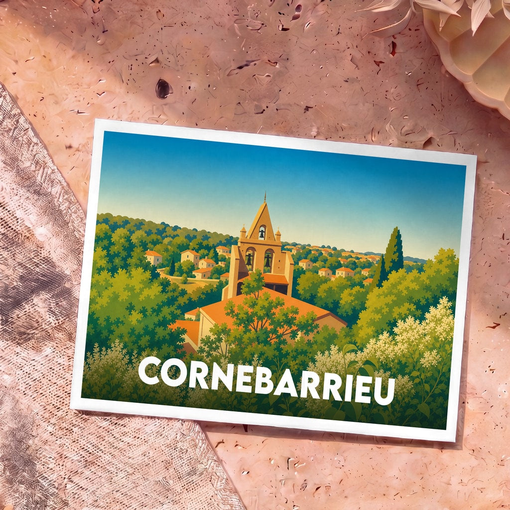 Carte postale souvenir de la ville de Cornebarrieu illustrant son église et ses collines verdoyantes dans un style graphique épuré.