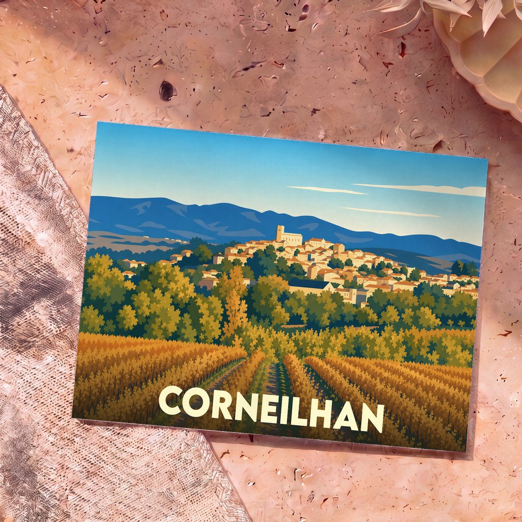 Carte postale souvenir de la ville de Corneilhan avec une illustration stylisée de son village et de ses vignobles.