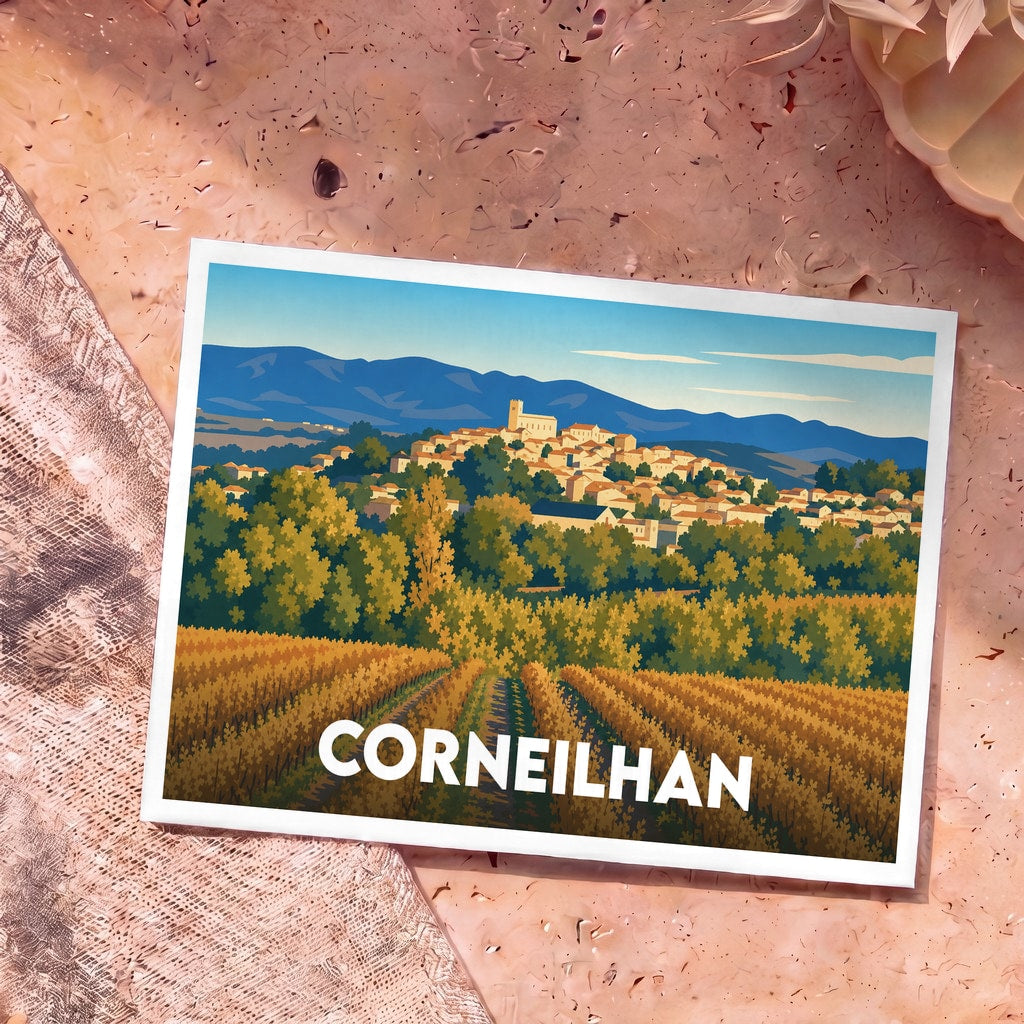 Carte postale souvenir de la ville de Corneilhan avec une illustration stylisée de son village et de ses vignobles.