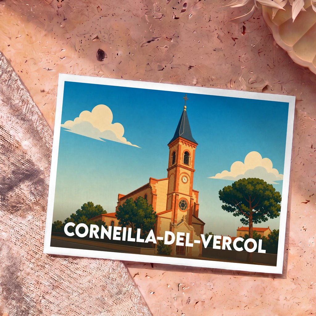 Carte postale souvenir de la ville de Corneilla-del-Vercol avec une illustration stylisée de son église sous un ciel azur.