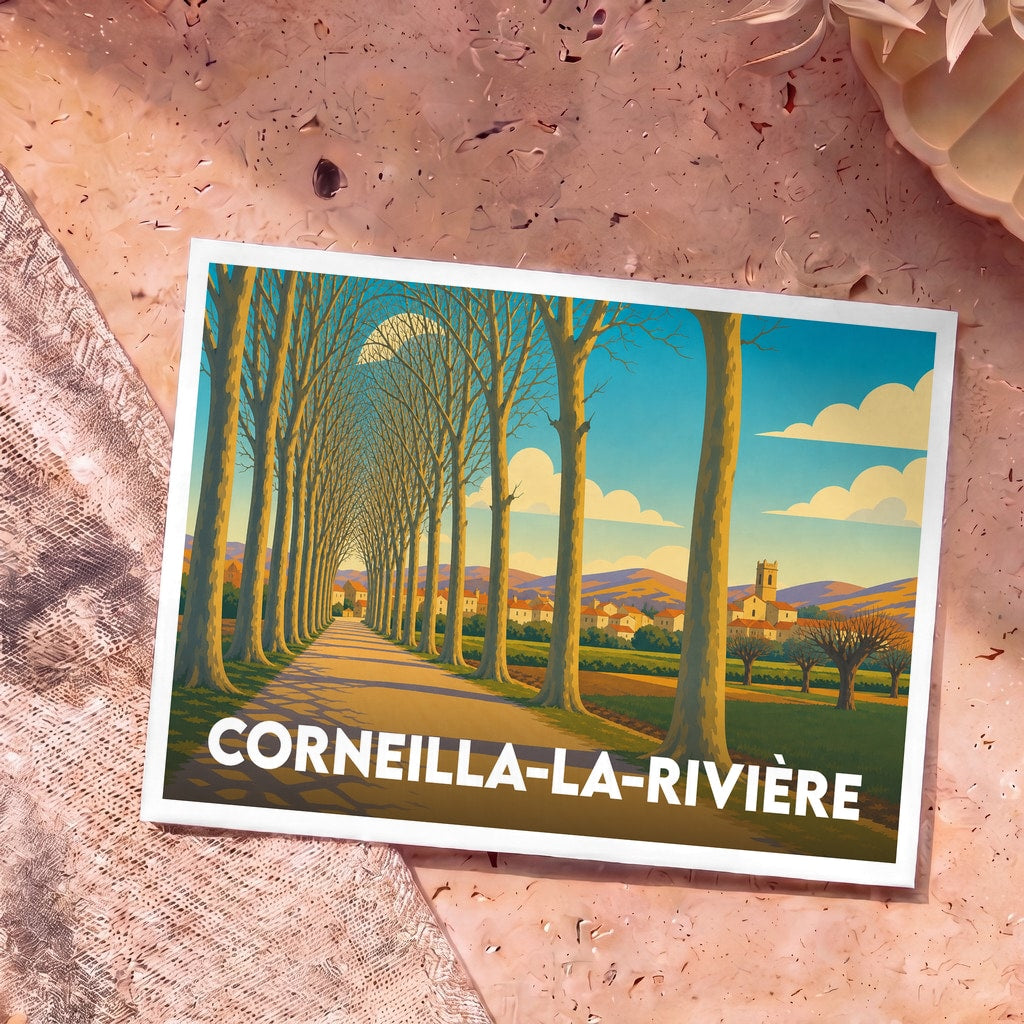 Carte postale souvenir de Corneilla-la-Rivière illustrant une allée d'arbres menant au village dans un style rétro.