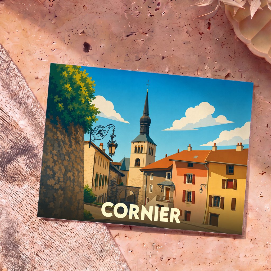 Carte postale souvenir de la ville de Cornier avec une illustration stylisée de son clocher et de ses maisons colorées.