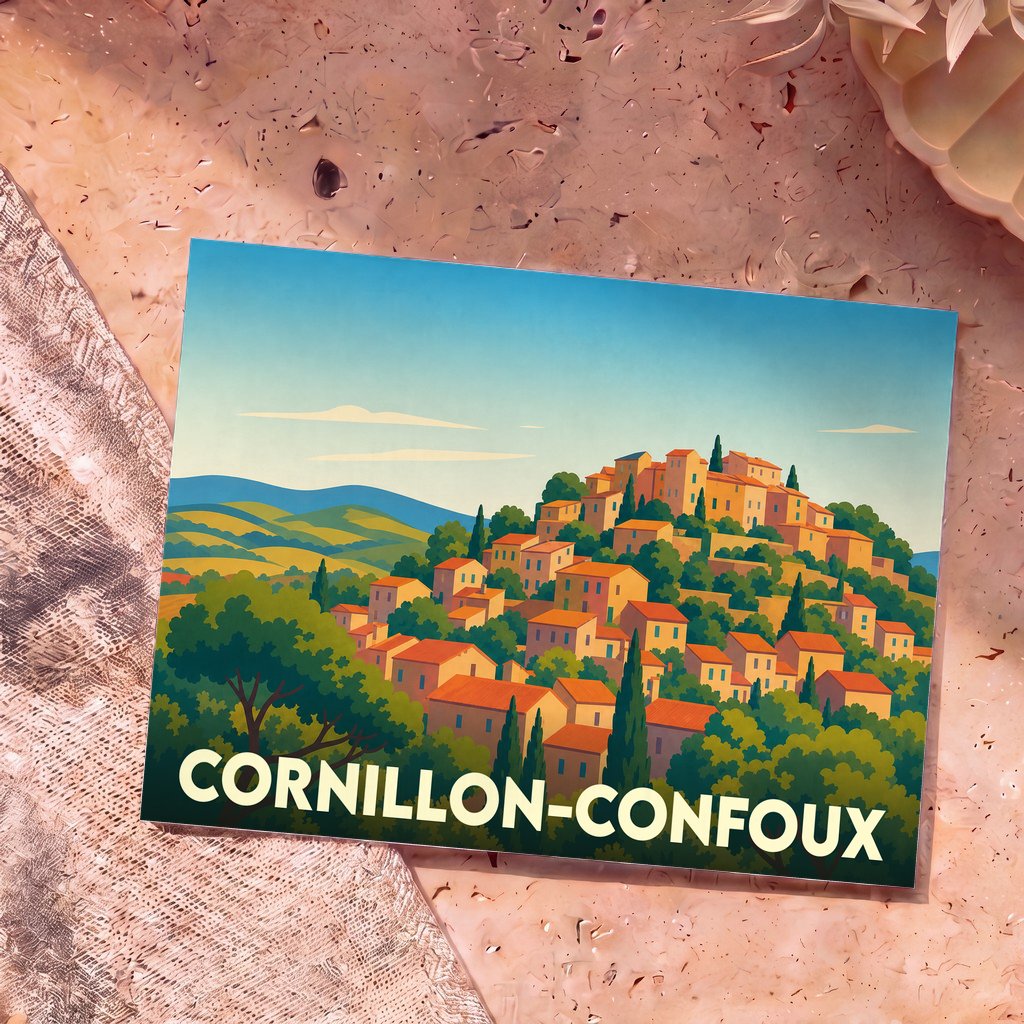 Carte postale souvenir de la ville de Cornillon-Confoux avec une illustration stylisée d'un village perché.