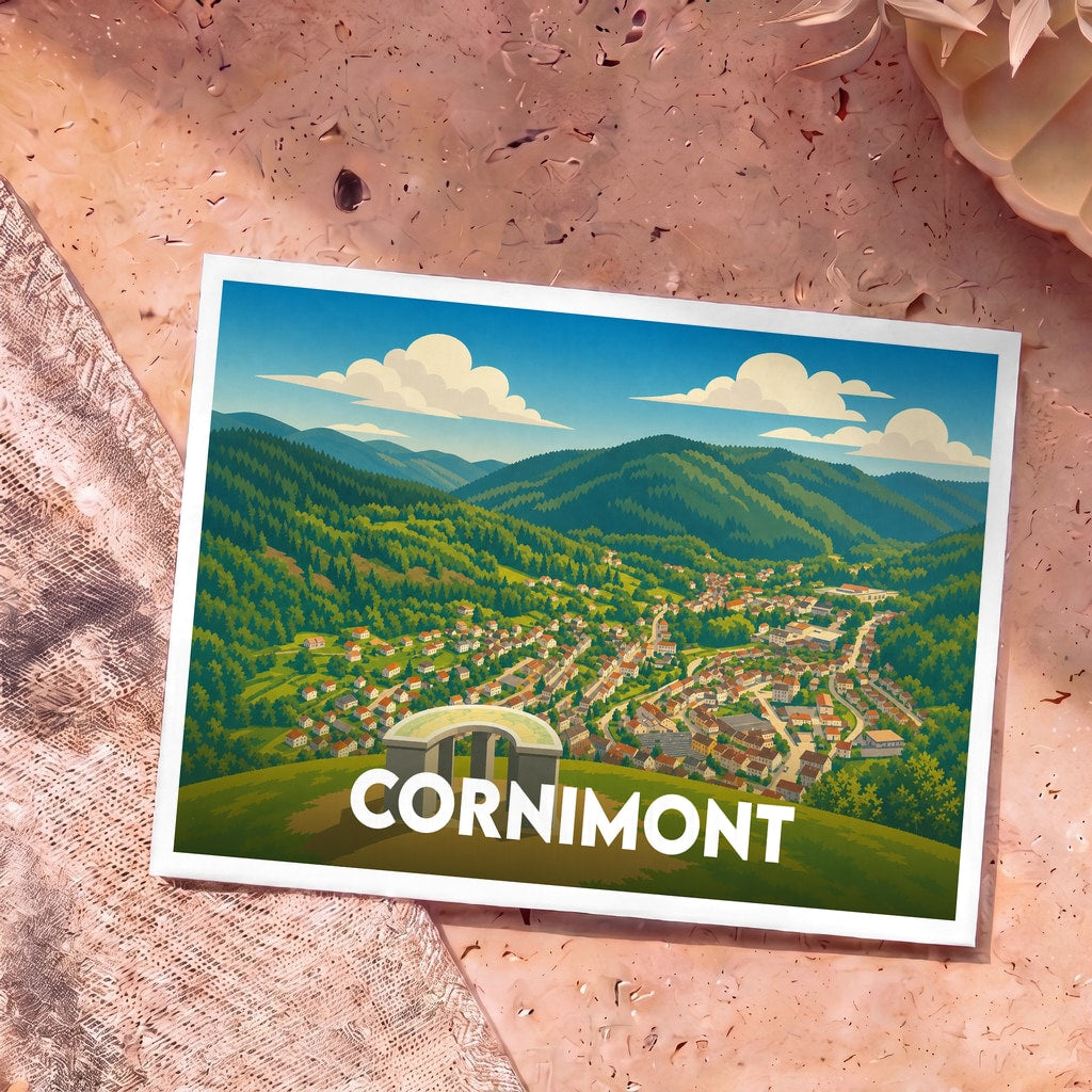 Carte postale souvenir de la ville de Cornimont avec une illustration stylisée de ses paysages montagneux.