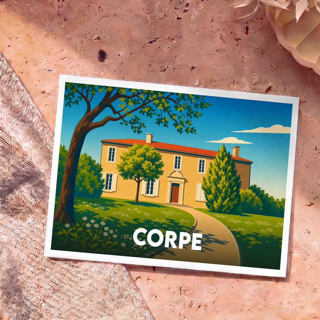 Carte postale souvenir de la ville de Corpe présentant une illustration stylisée d'une demeure entourée de verdure.