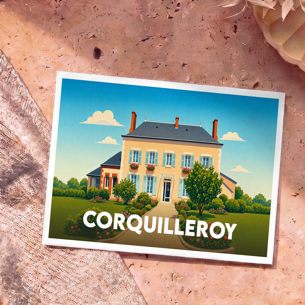 Carte postale souvenir de la ville de Corquilleroy avec une illustration stylisée d'une maison bourgeoise.