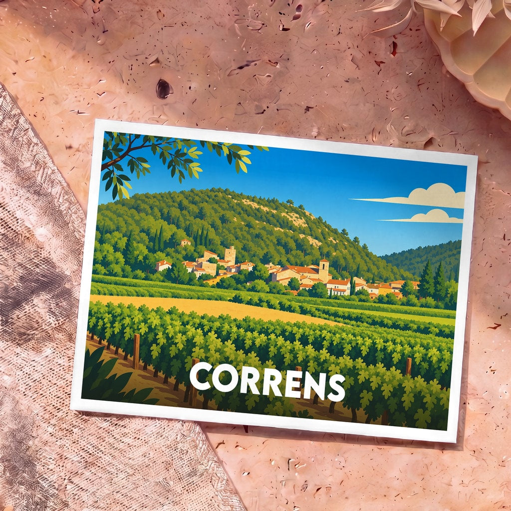Carte postale souvenir de la ville de Correns avec une illustration stylisée d'un village provençal et de ses vignobles.