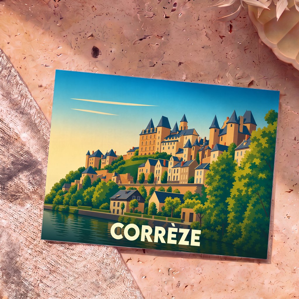 Carte postale souvenir de la Corrèze ornée d'une illustration stylisée d'un village médiéval au bord de l'eau.