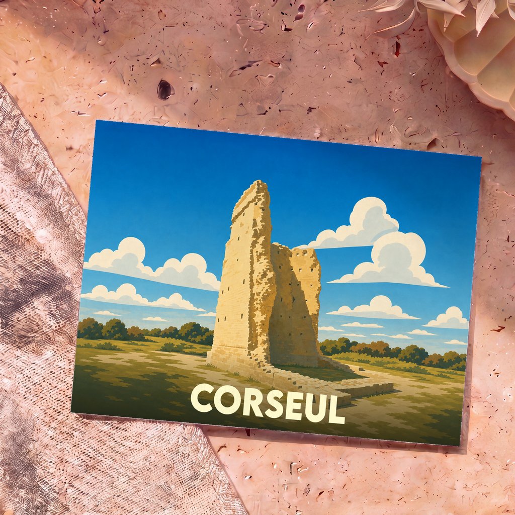 Carte postale souvenir de la ville de Corseul avec une illustration stylisée des ruines romaines du Temple de Mars.