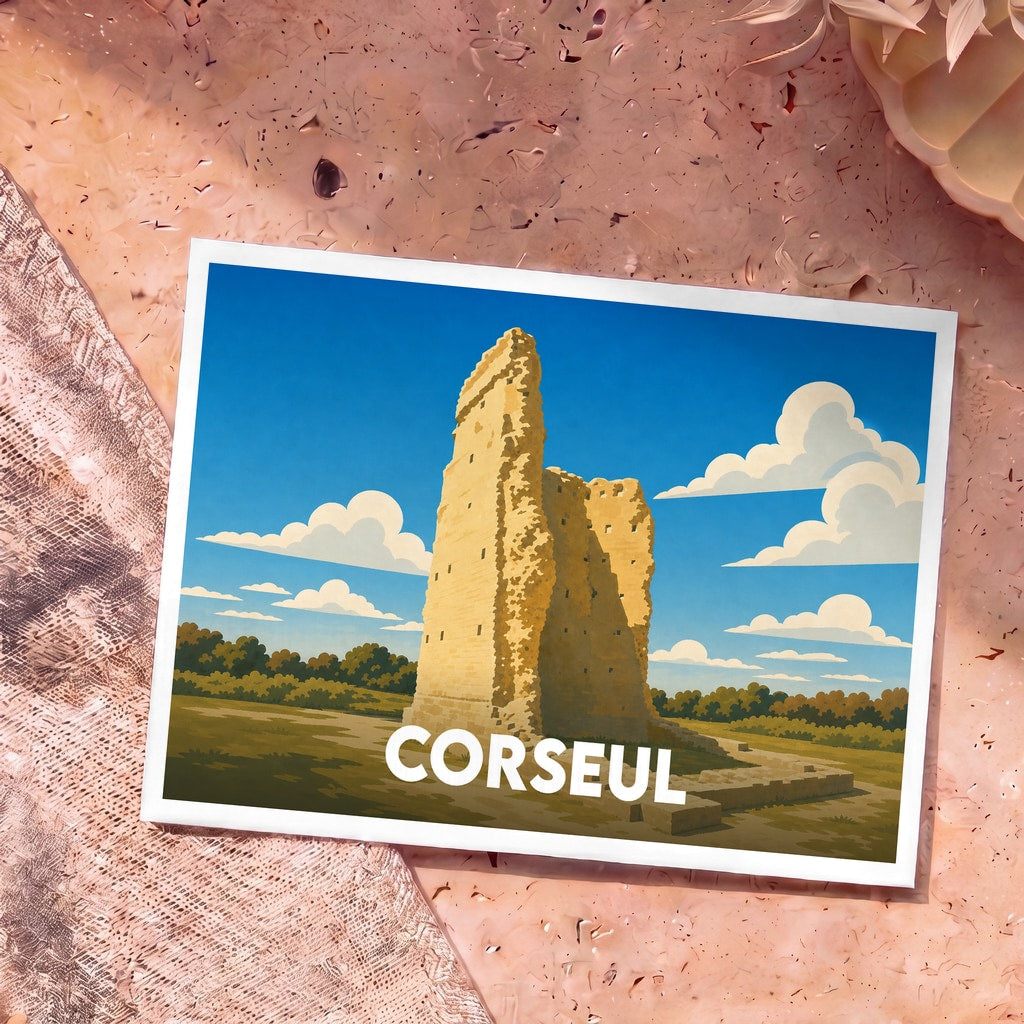 Carte postale souvenir de la ville de Corseul avec une illustration stylisée des ruines romaines du Temple de Mars.