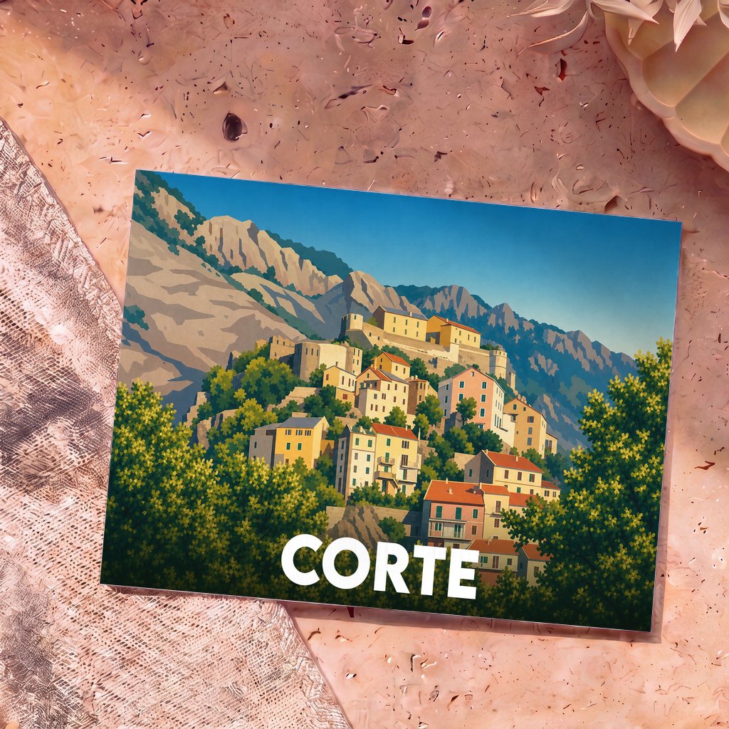 Carte postale souvenir de la ville de Corte avec une illustration stylisée de sa citadelle et de ses montagnes.