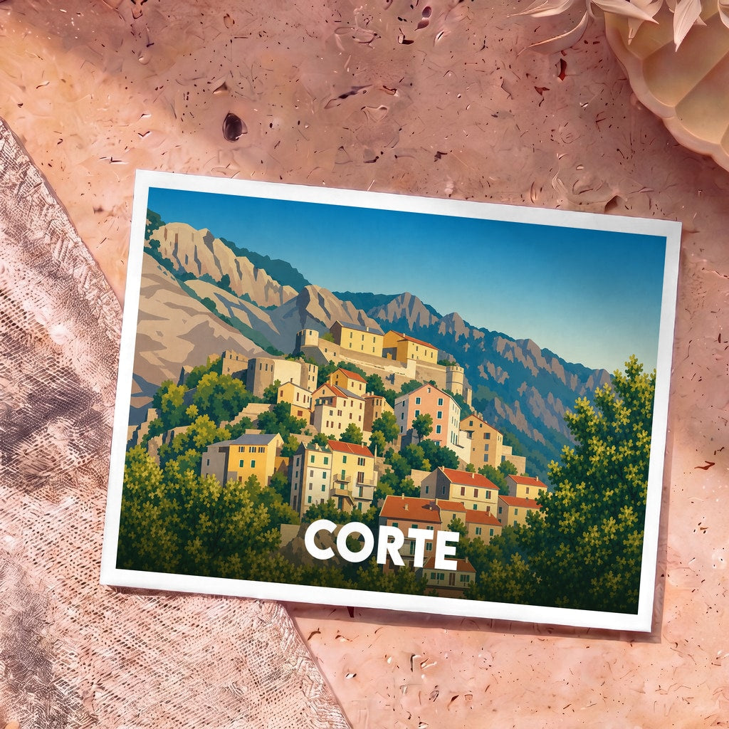 Carte postale souvenir de la ville de Corte avec une illustration stylisée de sa citadelle et de ses montagnes.