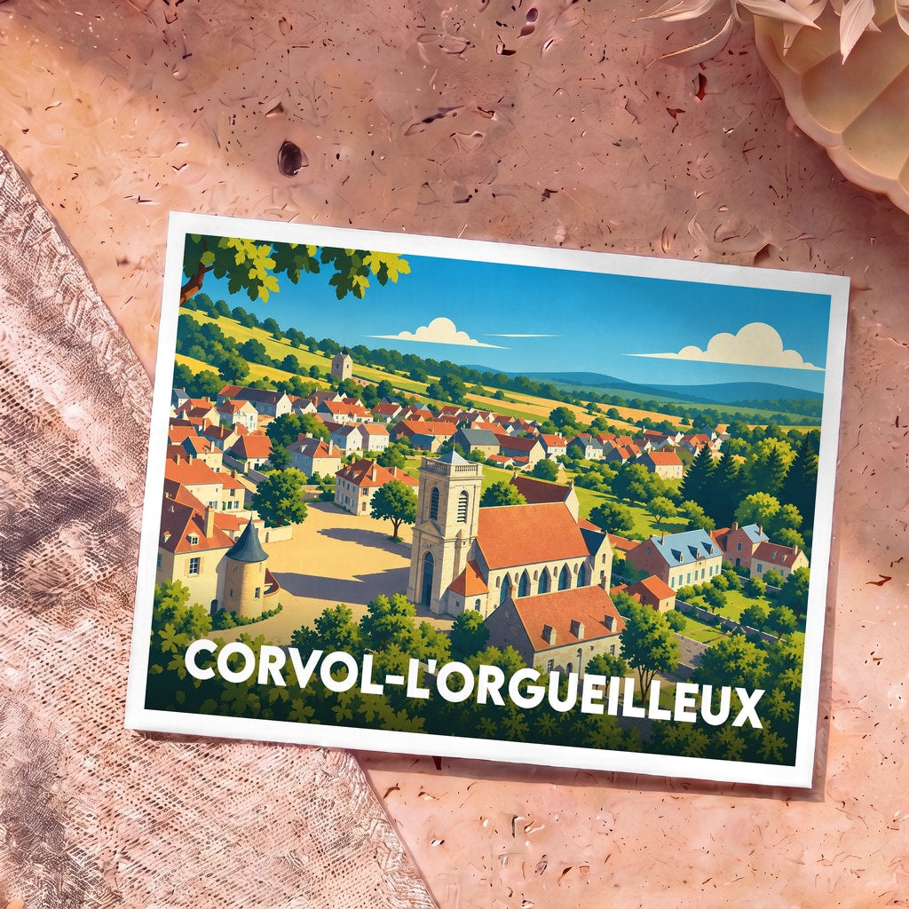 Carte postale souvenir de la ville de Corvol-l'Orgueilleux avec une illustration stylisée et colorée du village.