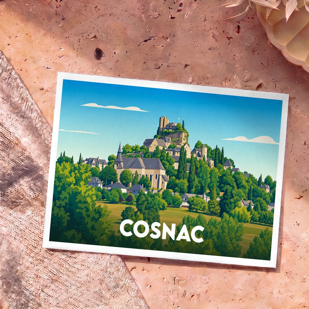 Carte postale souvenir de la ville de Cosnac avec une illustration stylisée d'un village perché.