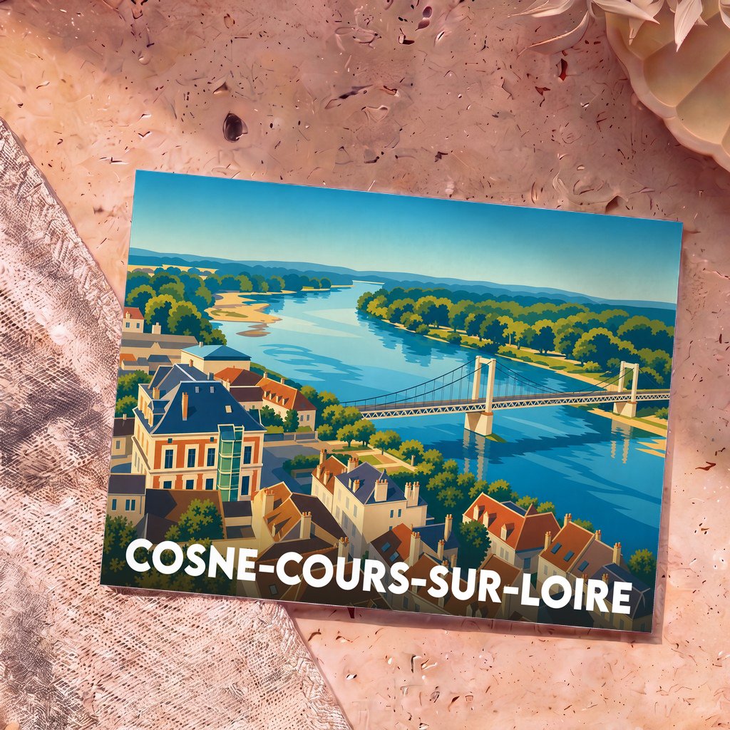 Carte postale souvenir de la ville de Cosne-Cours-sur-Loire avec une illustration stylisée du pont suspendu et de la Loire.