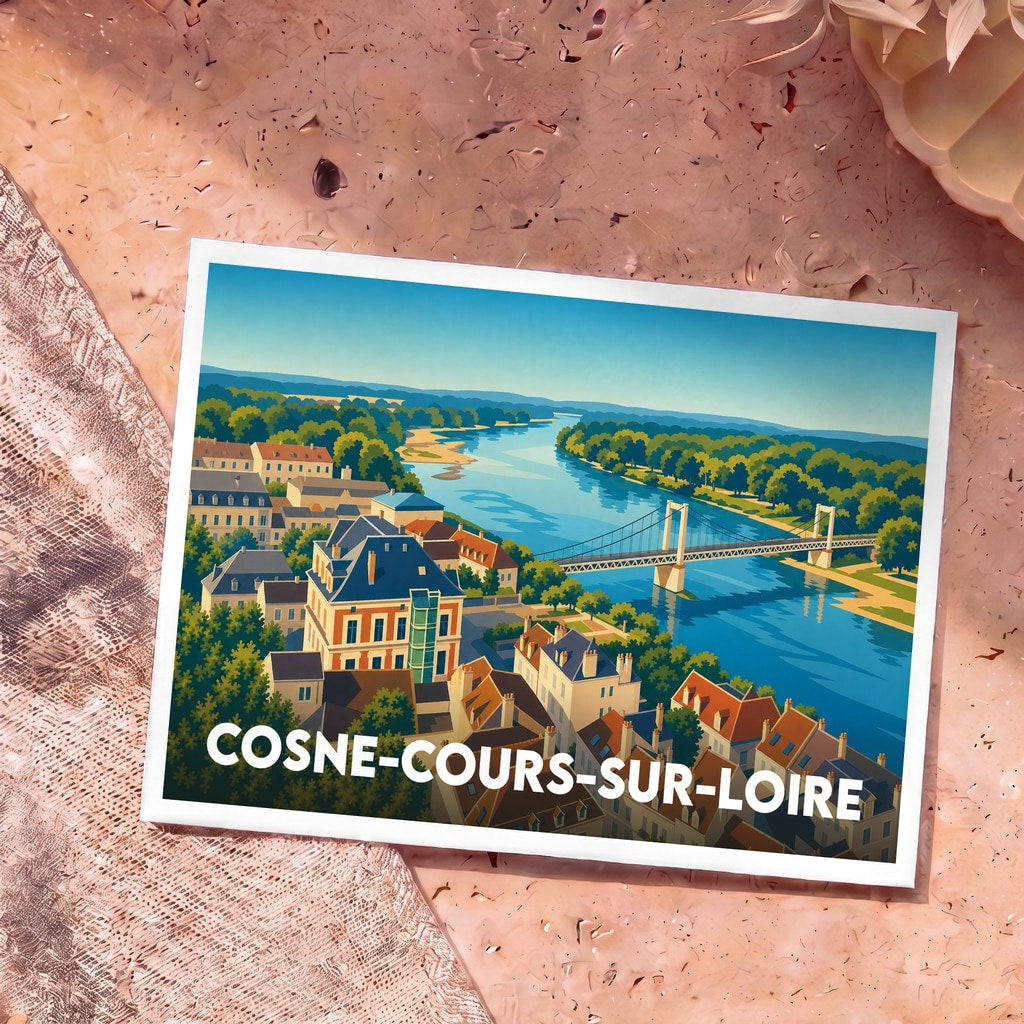 Carte postale souvenir de la ville de Cosne-Cours-sur-Loire avec une illustration stylisée du pont suspendu et de la Loire.
