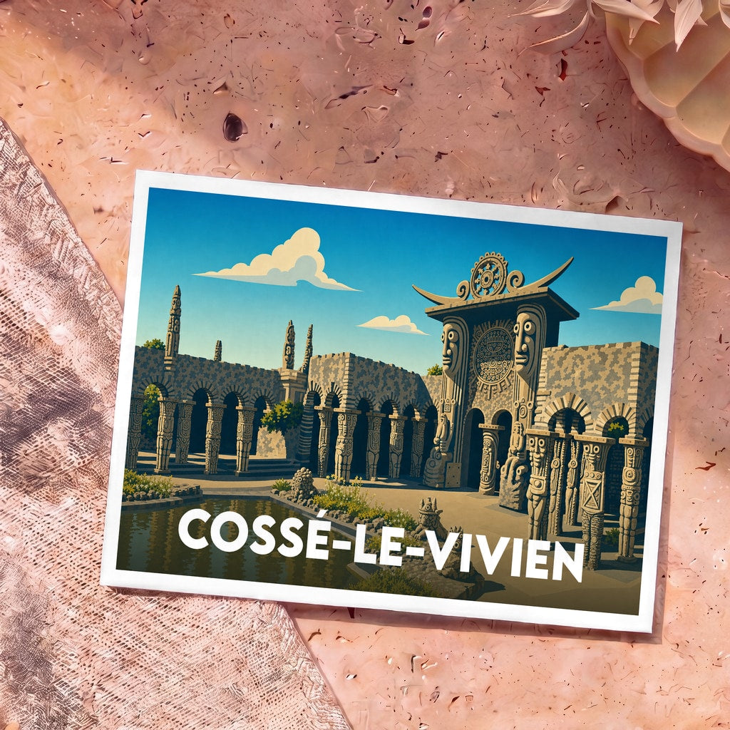 Carte postale souvenir de la ville de Cossé-le-Vivien illustrant le musée Robert Tatin dans un style graphique épuré.