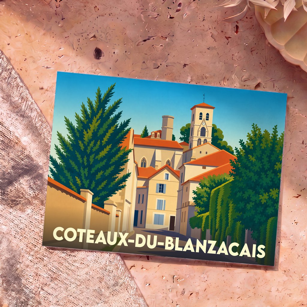 Carte postale souvenir de la ville de Coteaux-du-Blanzacais avec une illustration stylisée de son architecture.