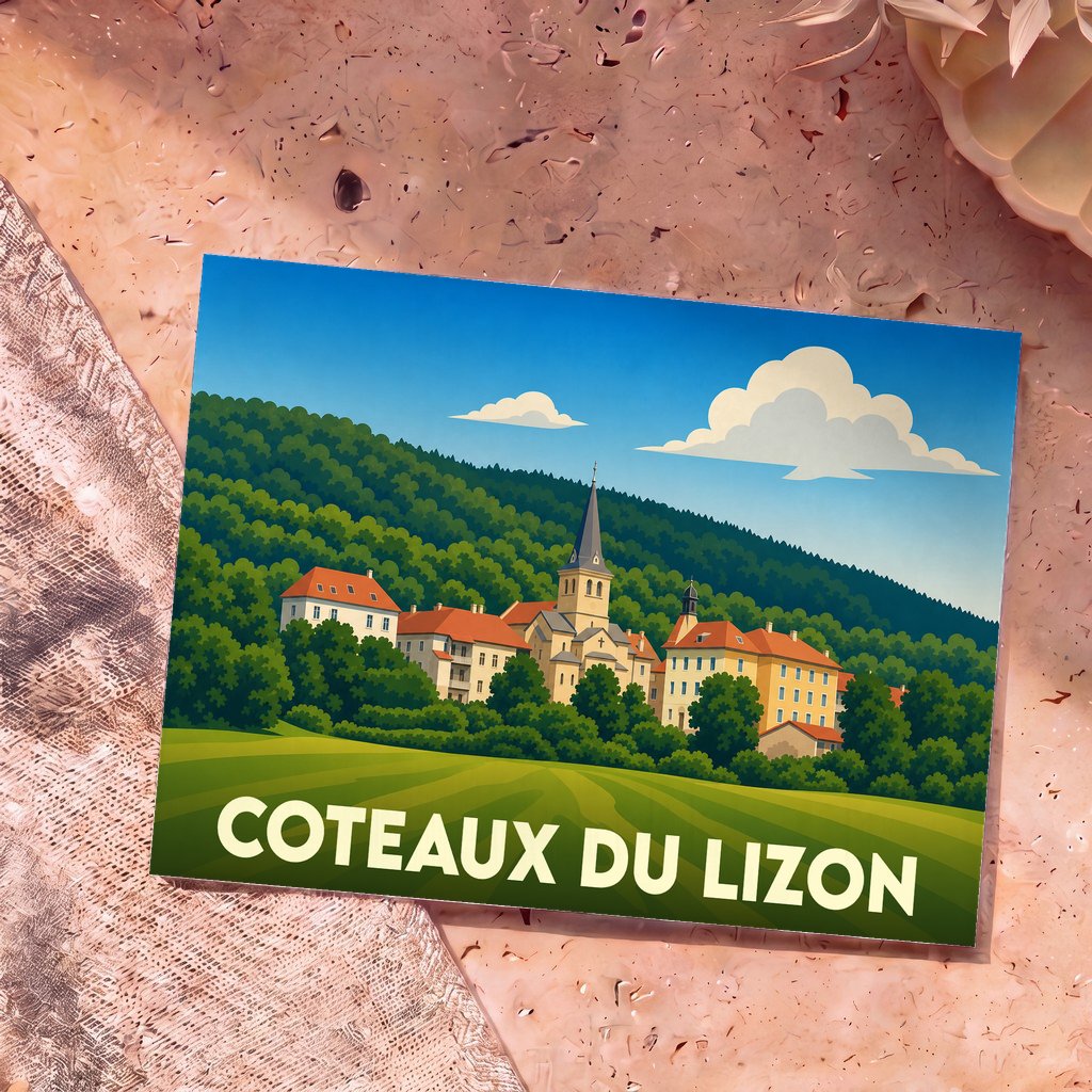 Carte postale souvenir de Coteaux du Lizon illustrant le village et son église dans un style graphique épuré.
