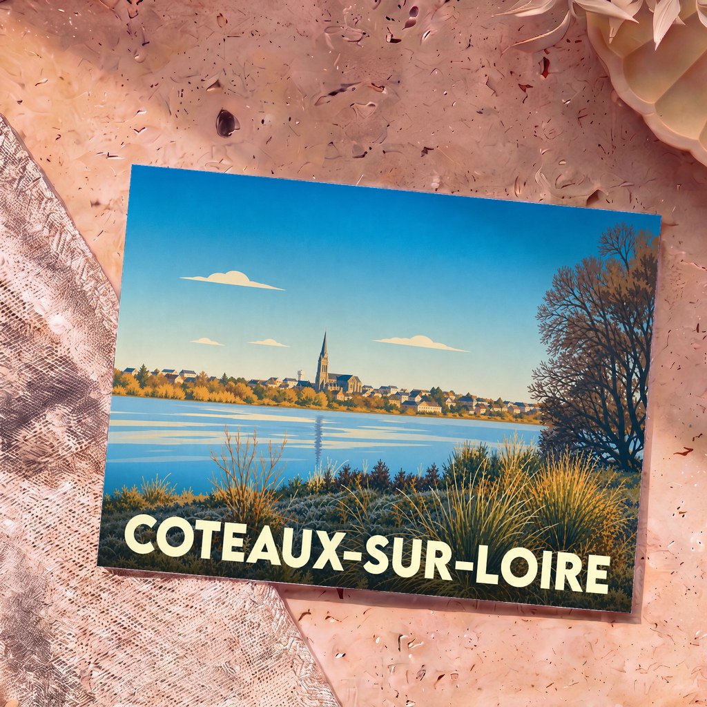 Carte postale souvenir de la ville de Coteaux-sur-Loire avec une illustration stylisée des bords de Loire.