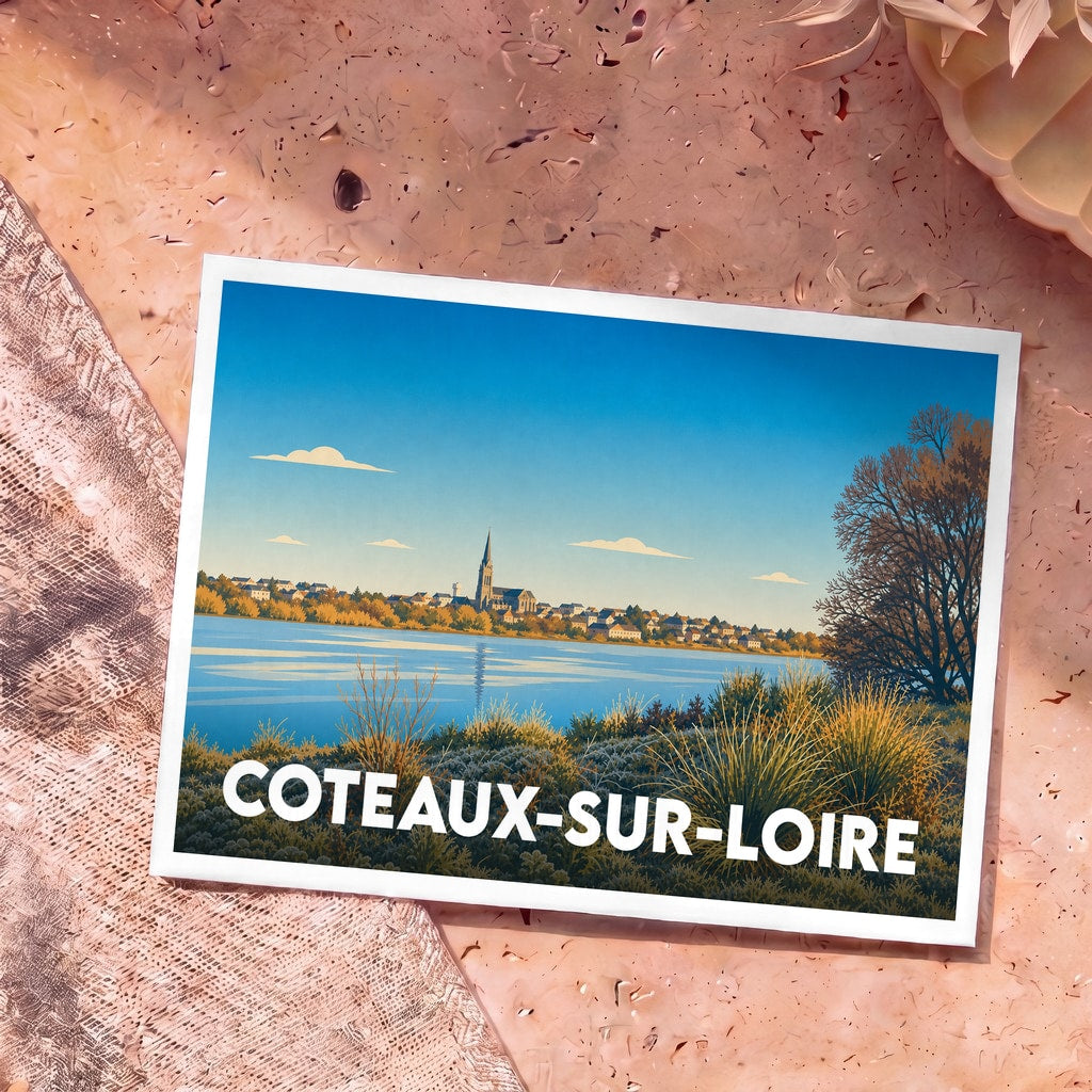 Carte postale souvenir de la ville de Coteaux-sur-Loire avec une illustration stylisée des bords de Loire.