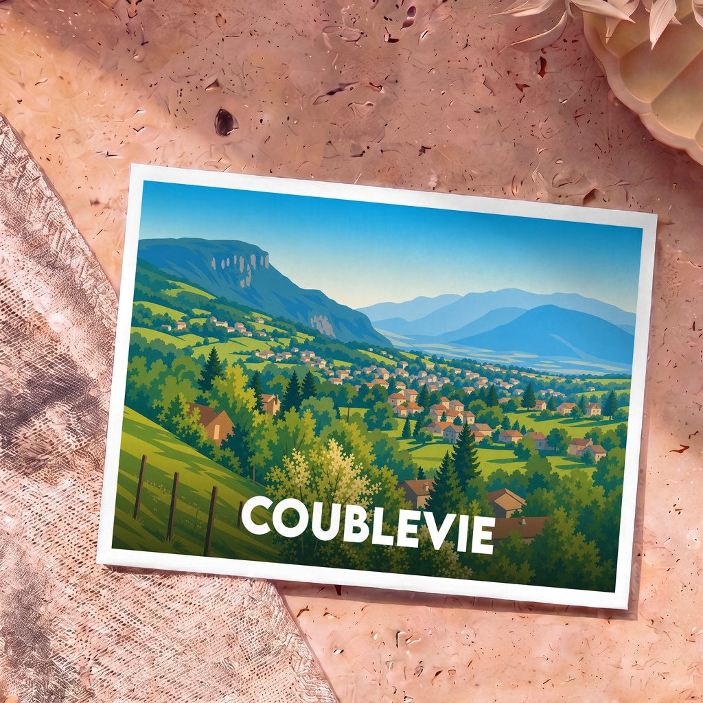 Carte postale souvenir de la ville de Coublevie avec une illustration paysagère stylisée.