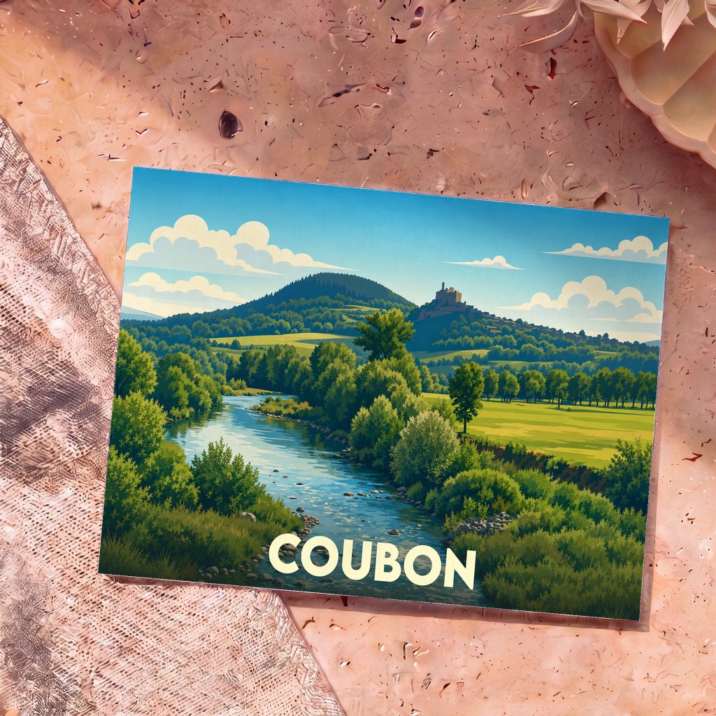Carte postale souvenir de la ville de Coubon illustrant un paysage de rivière et de collines dans un style vintage.
