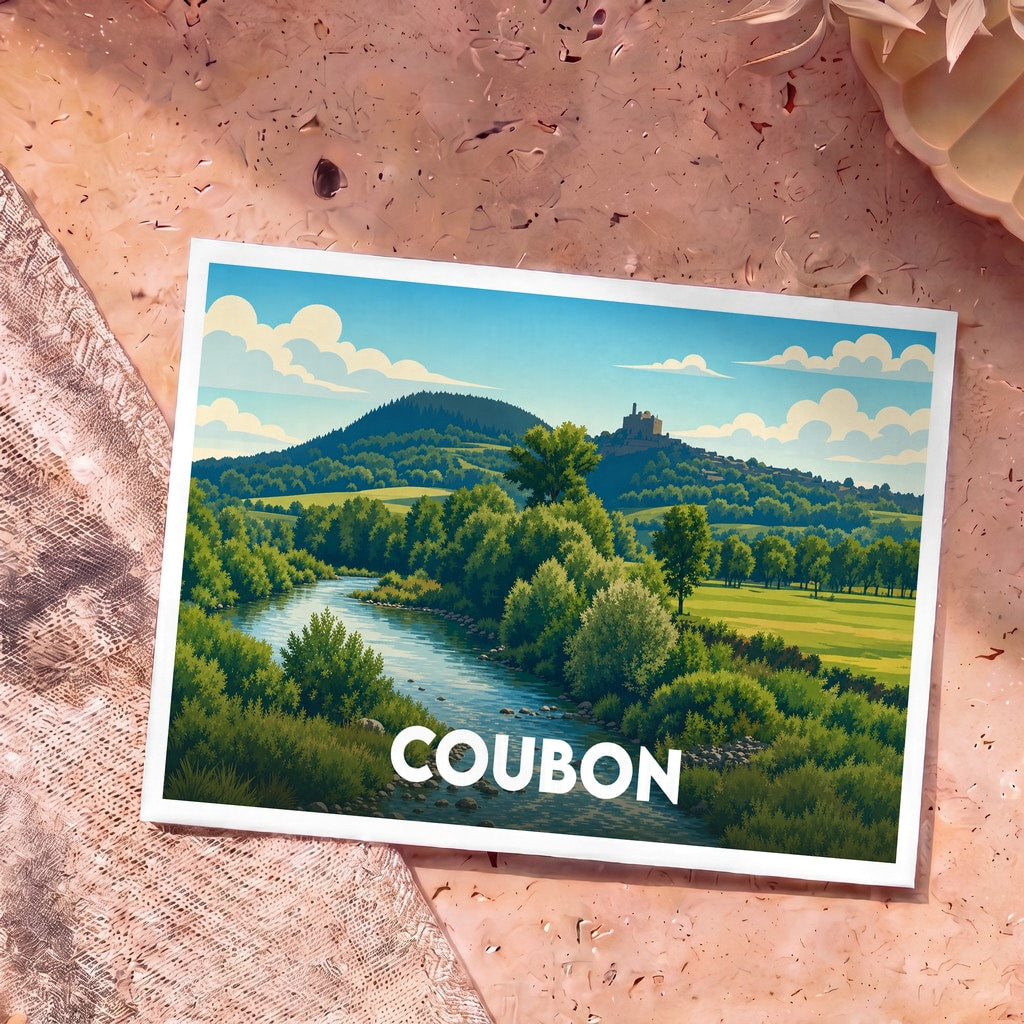 Carte postale souvenir de la ville de Coubon illustrant un paysage de rivière et de collines dans un style vintage.