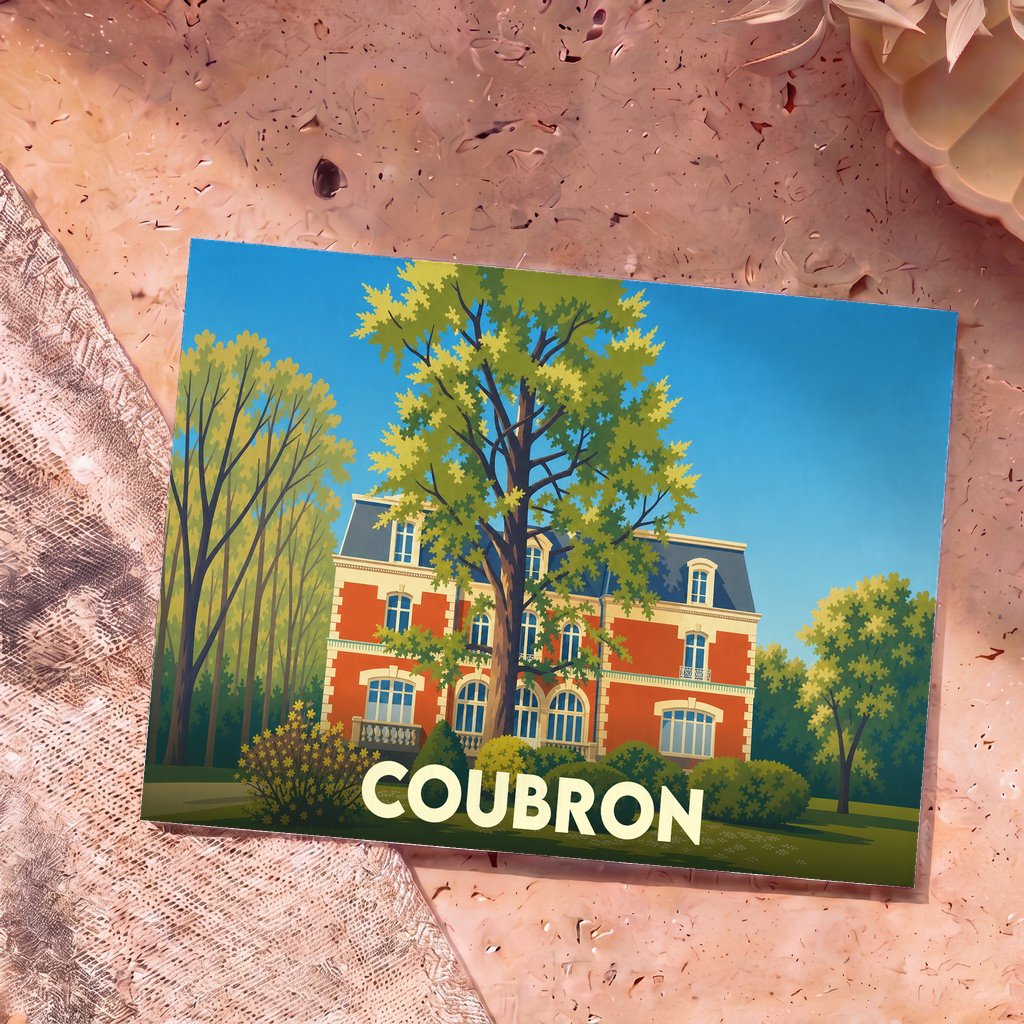 Carte postale souvenir de la ville de Coubron illustrant une grande demeure bourgeoise entourée de verdure.