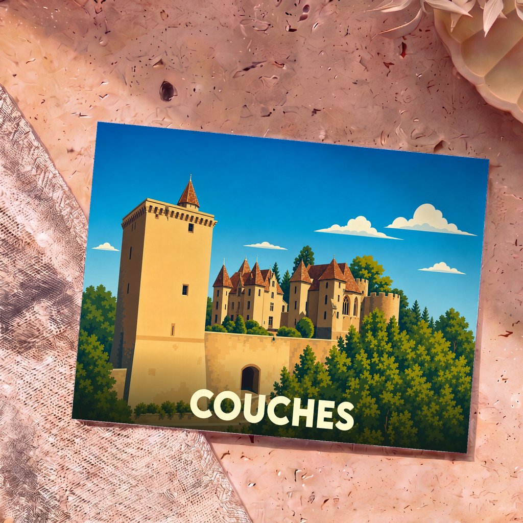 Carte postale souvenir de la ville de Couches illustrant son château médiéval dans un style graphique épuré.