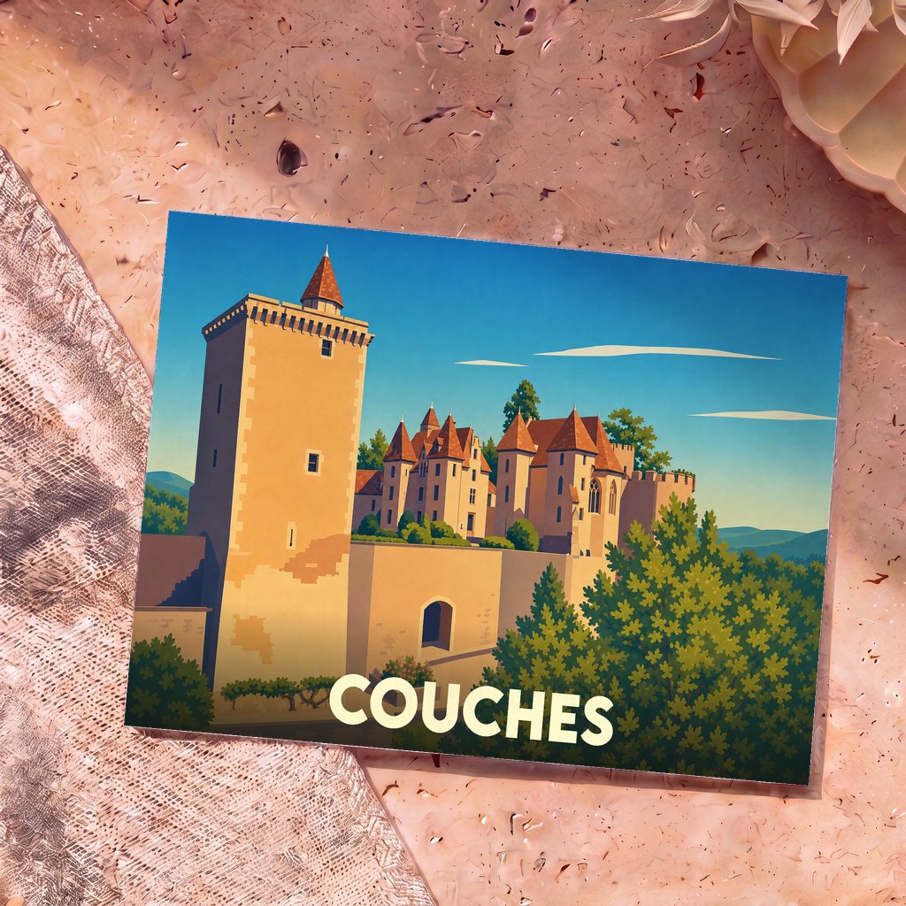 Carte postale souvenir de la ville de Couches représentant une illustration stylisée de son château médiéval.