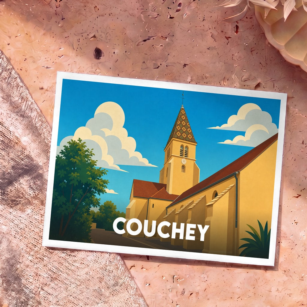 Carte postale souvenir de la ville de Couchey illustrant son église avec un graphisme coloré et stylisé.