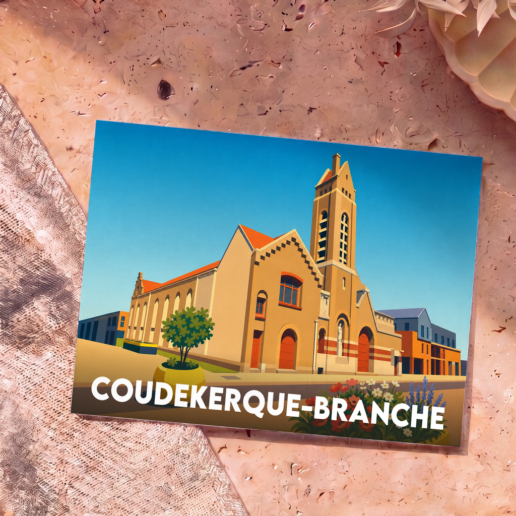 Carte postale souvenir de la ville de Coudekerque-Branche avec une illustration stylisée de son église.