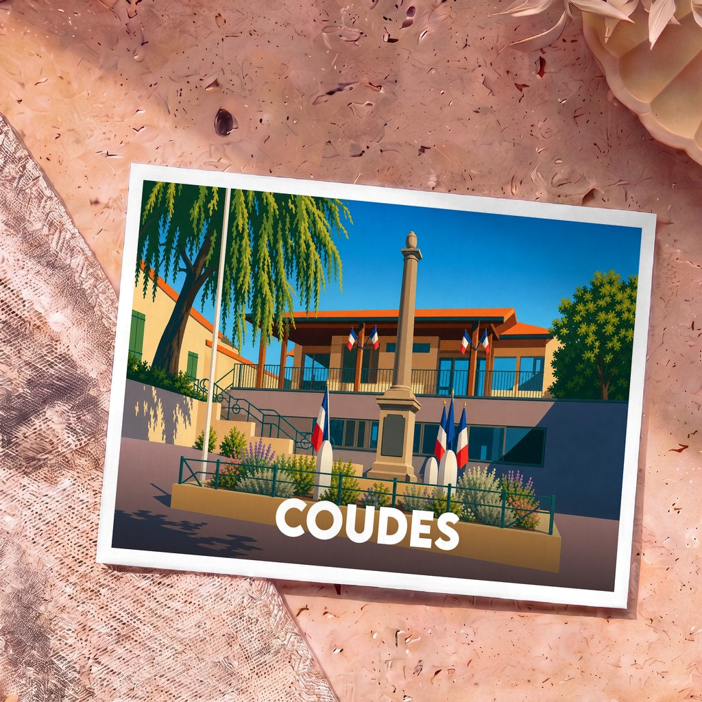 Carte postale souvenir de la ville de Coudes illustrant sa mairie et son monument aux morts dans un style épuré.