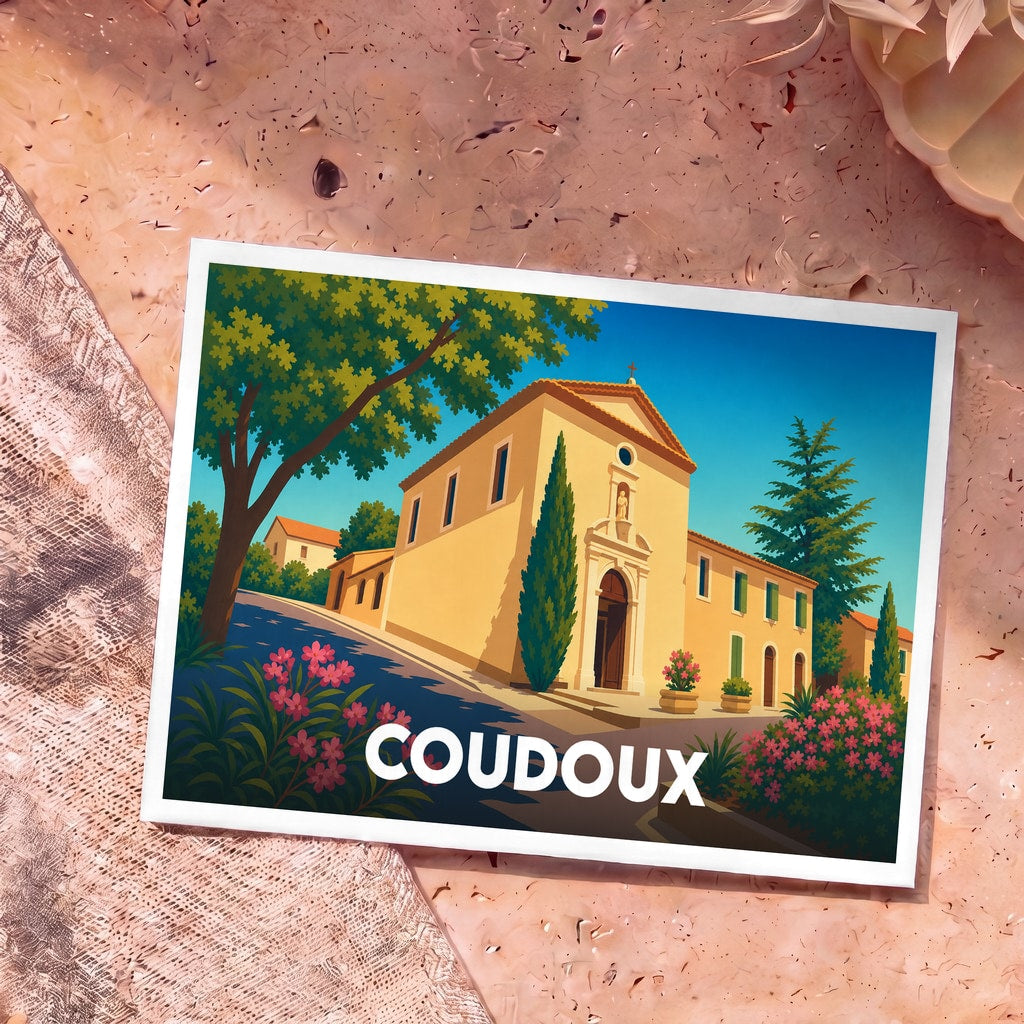 Carte postale souvenir de la ville de Coudoux avec une illustration stylisée d'une église provençale sous un ciel bleu.
